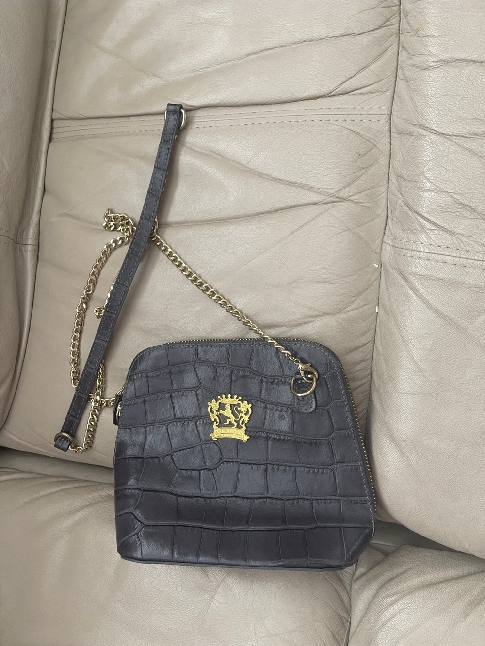 Pratesi Firenze Croc-Embossed Crossbody Bag in Blue with Gold Chain